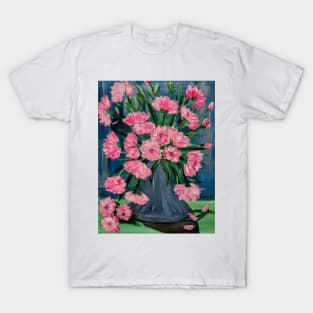 Pink and white carnations flowers in a blue and silver metallic vase. T-Shirt